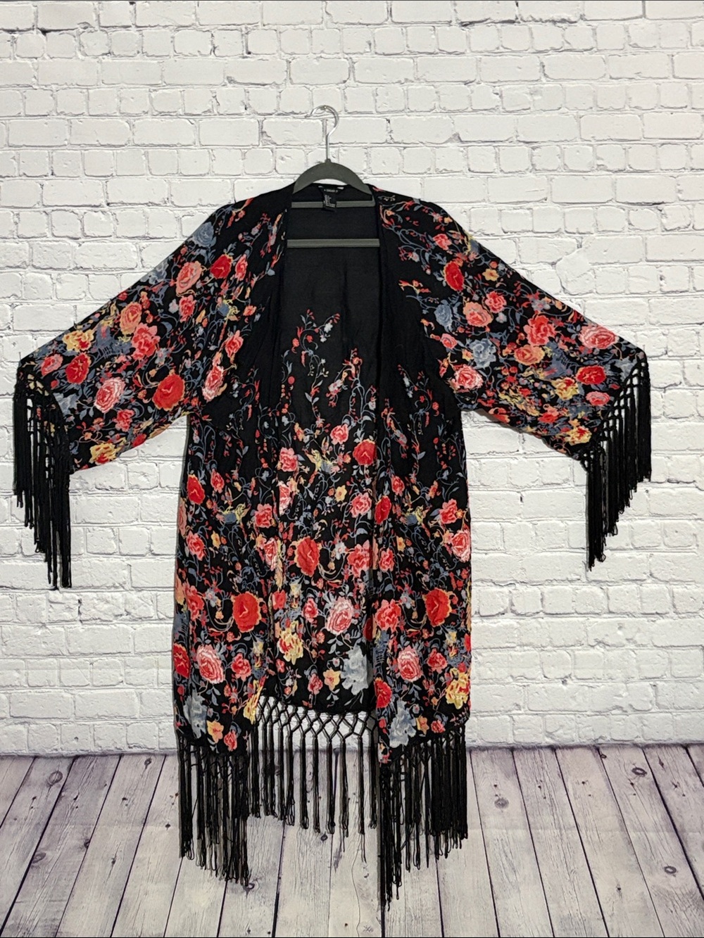 Black Floral Fringe Kimono